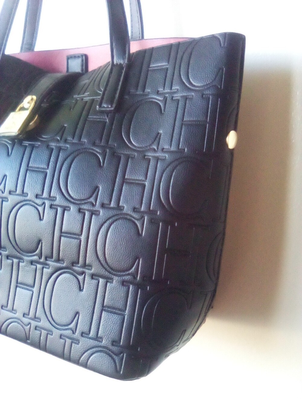 Women’s Embossed CHCH Logo Tote Bag in Black with Red Interior - Picture 5 of 10